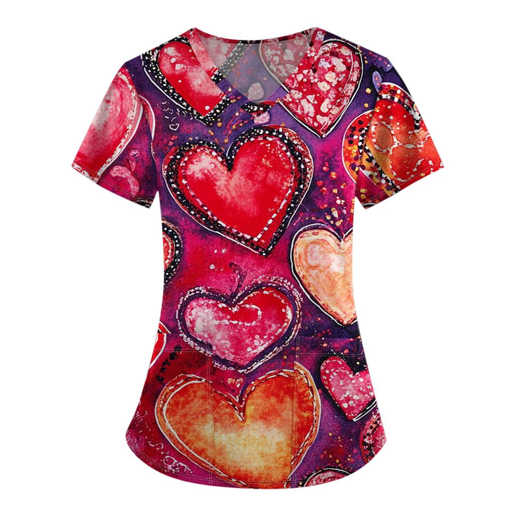 Женский модный комбинезон с коротким рукавом и V-образным вырезом, с карманом, на День святого Валентина, с принтом, топы, одежда