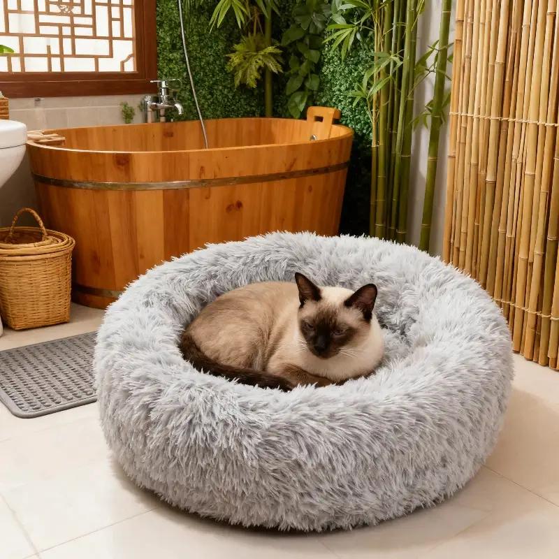 1pc Round Plush Dog Bed & Cat Nest,Non-Slip Base, Warm Soft Faux Fur Pet Bed,Perfect Christmas Gift, Cozy Home Decor