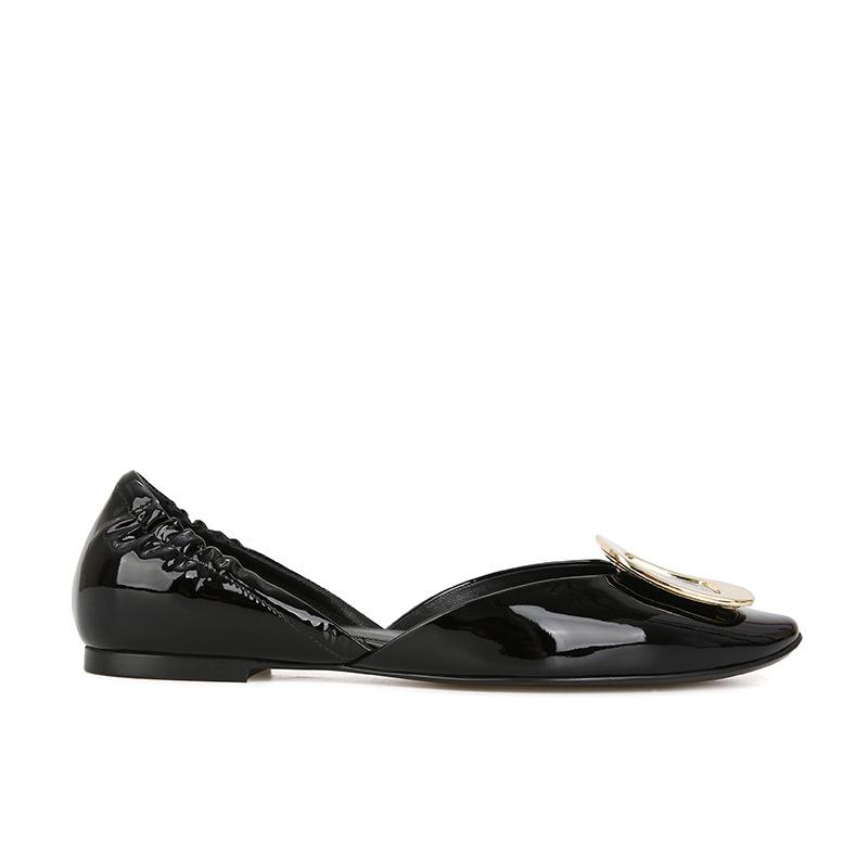 [Женская обувь источник Litong] офисная леди~ чипсы квадратная пряжка плиссированные полые плоские одинарные туфли женские туфли бабушки