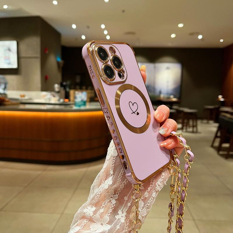 Для iPhone 17 16 Pro 15 14 Pro Max 13 Samsung S25 S24 Ultra S23 FE S22 S21 Чехол с гальваническим покрытием в виде сердца любви Для Magsafe Магнитный чехол для телефона с веревкой через плечо