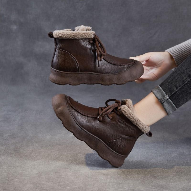 Johnature Retro Genuine Leather Plush Warm Women's Short Boots Soft Soled Round Toe Versatile Cotton Shoes