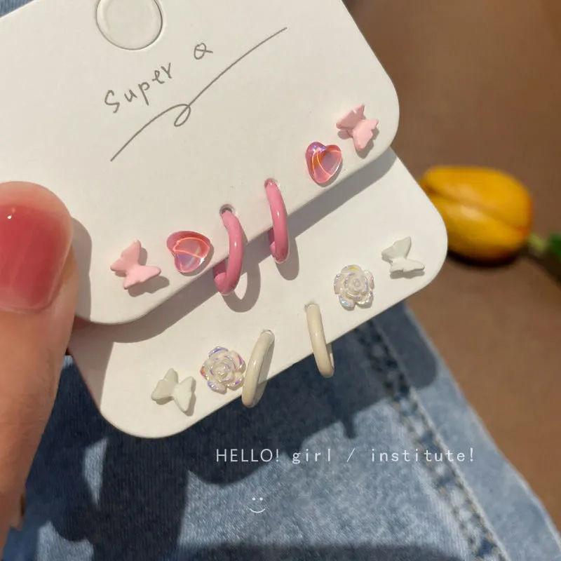 IF ME серьги-гвоздики в виде бабочки для женщин, розовые серьги-кольца в форме цветка для пирсинга в форме сердца C ювелирные изделия