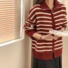 Autumn Winter New Women's Korean Version Loose Fashionable Polo Collar Striped Knitted Cardigan Warm Zipper Sweater Jacket