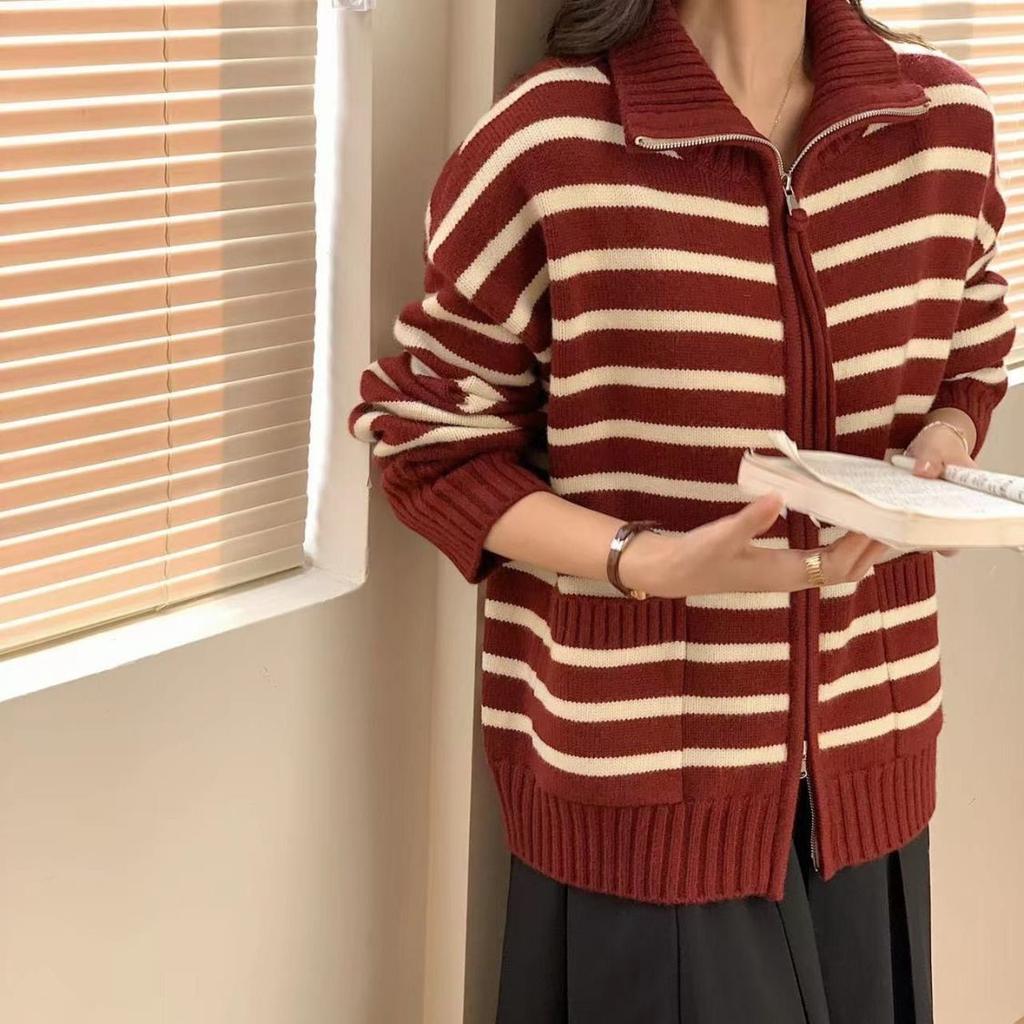 Autumn Winter New Women's Korean Version Loose Fashionable Polo Collar Striped Knitted Cardigan Warm Zipper Sweater Jacket