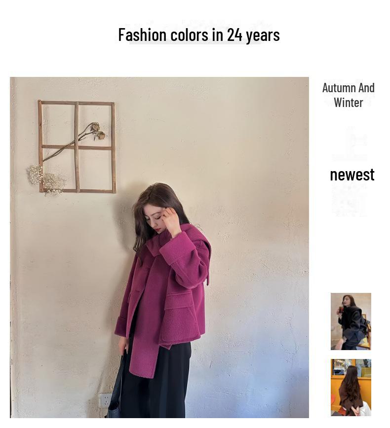 Women's Short Black Plum Purple Double-Sided Cashmere Wool Coat with Scarf Style, Korean Loose Fit