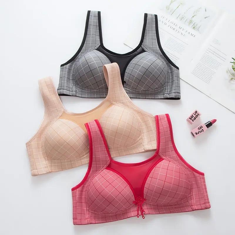 Wire Free Plaid Thin B C 3/4 Cup Women Large Size Bra Adjustable Lace Transparent Gather Push Up Wireless Bras Sexy Lingerie