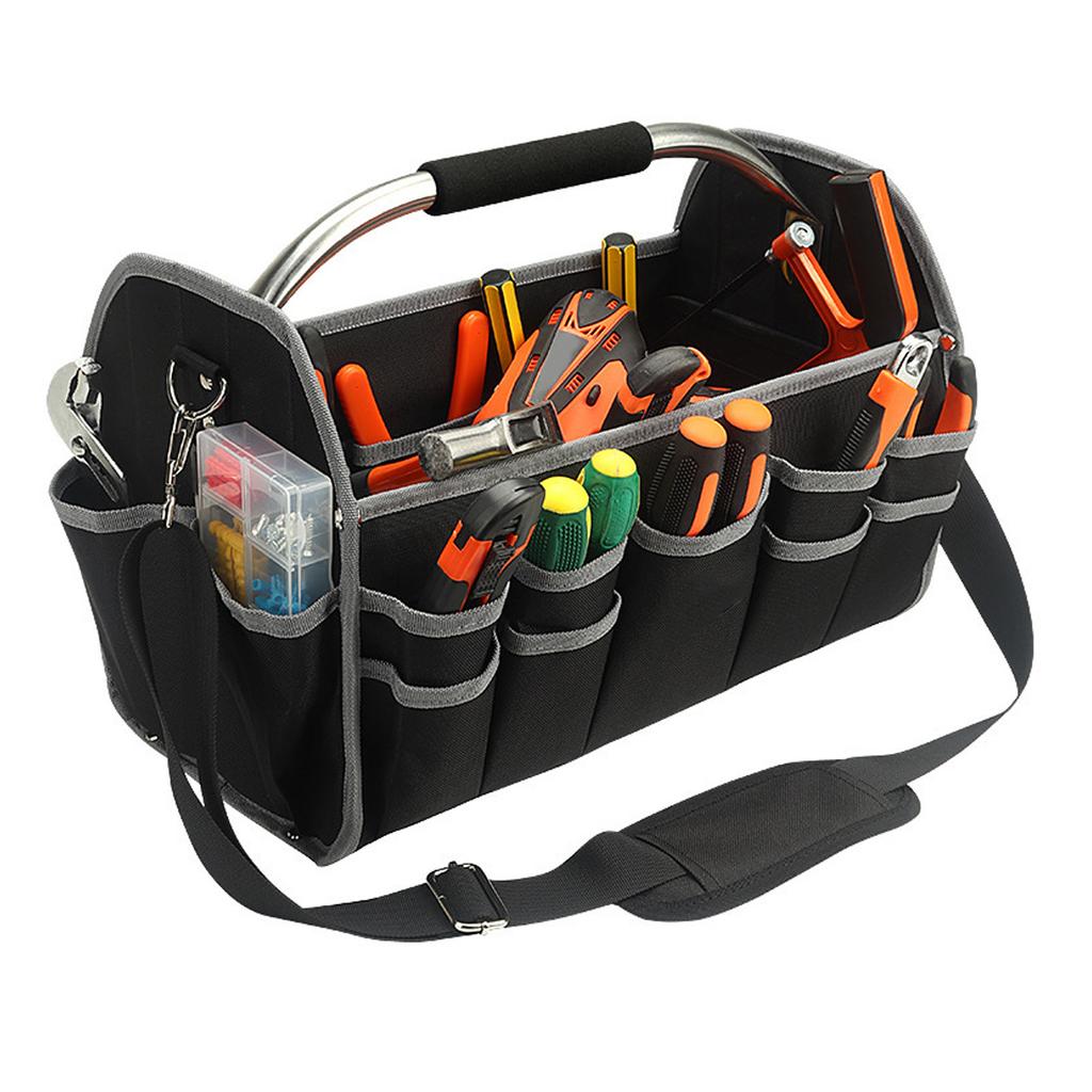 Сумка для инструментов электрика, портативная, большой емкости, многофункциональная, с открытым верхом и стальной ручкой для