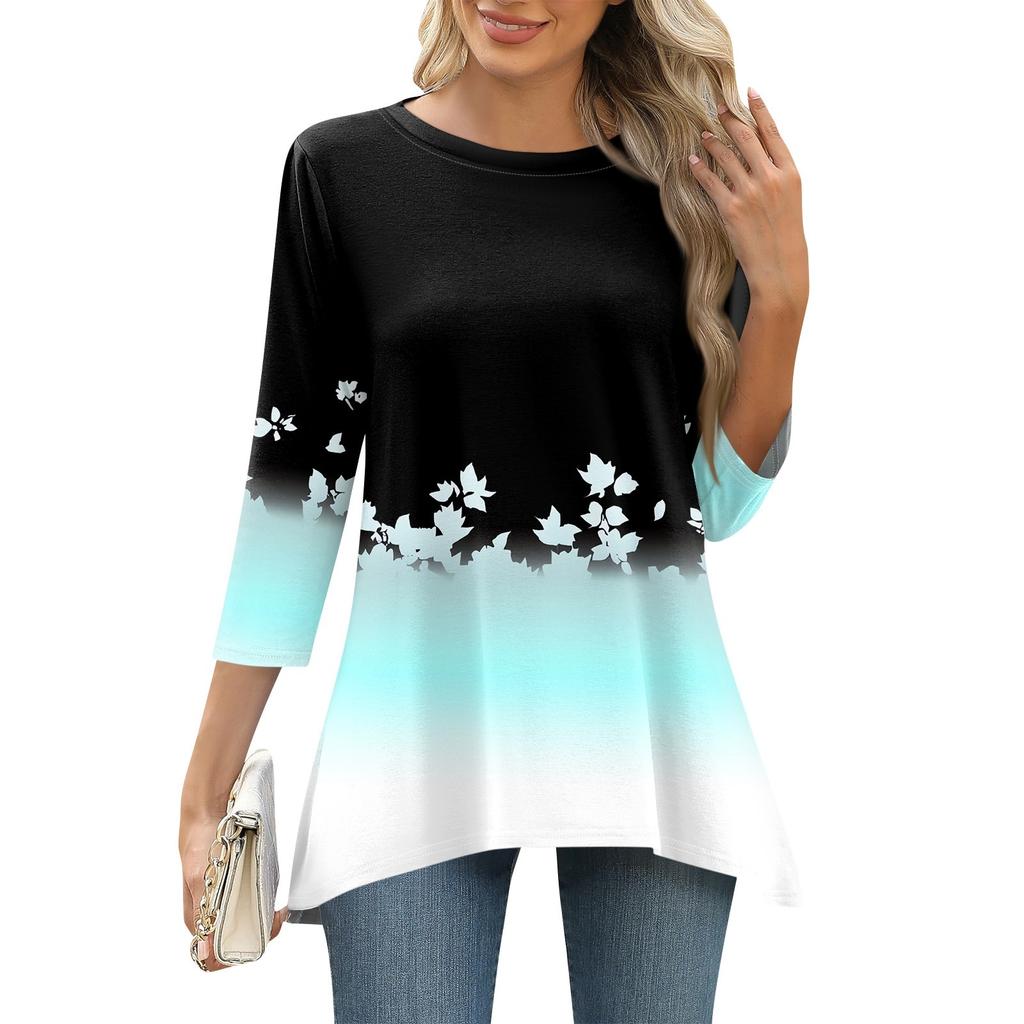 3/4 рукав туника топы для женщин принтованный повседневный выходной свободный крой модная базовая футболка с круглым вырезом