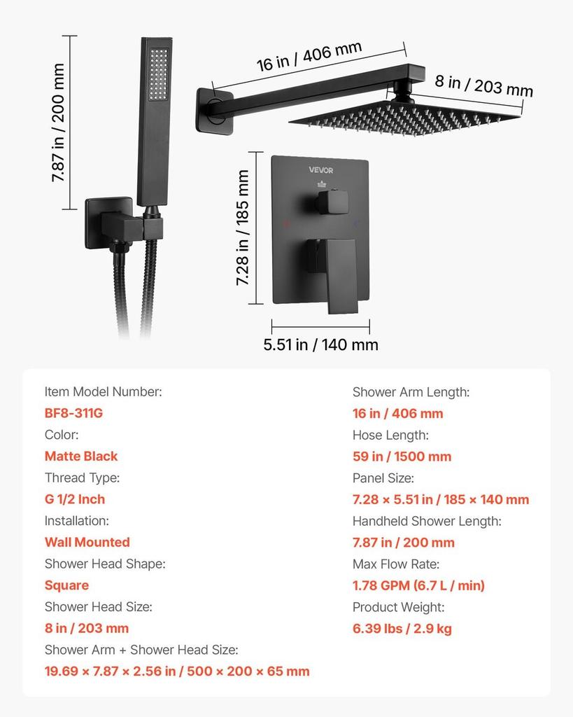 Shower Faucet Set 8" Square Rain Shower Head and Hand Set Matte Black