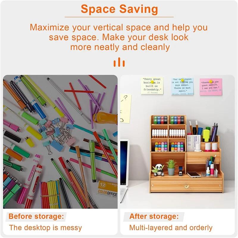 Деревянный органайзер для стола, аккуратный держатель для ручек, большая вместимость, ящик для хранения канцелярских принадлежностей с ящиком для домашнего офиса и школы