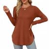 Womens Long Sleeve Round Neck Shirts Side Split Basic Loose Tunic Tops Casual Shirts Ropa De Mujer Fashion