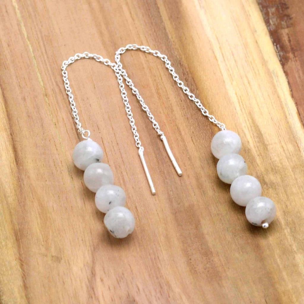 Moonstone 925 Silver Threader Earrings, Natural Gemstone Women Handmade Fringe Earrings