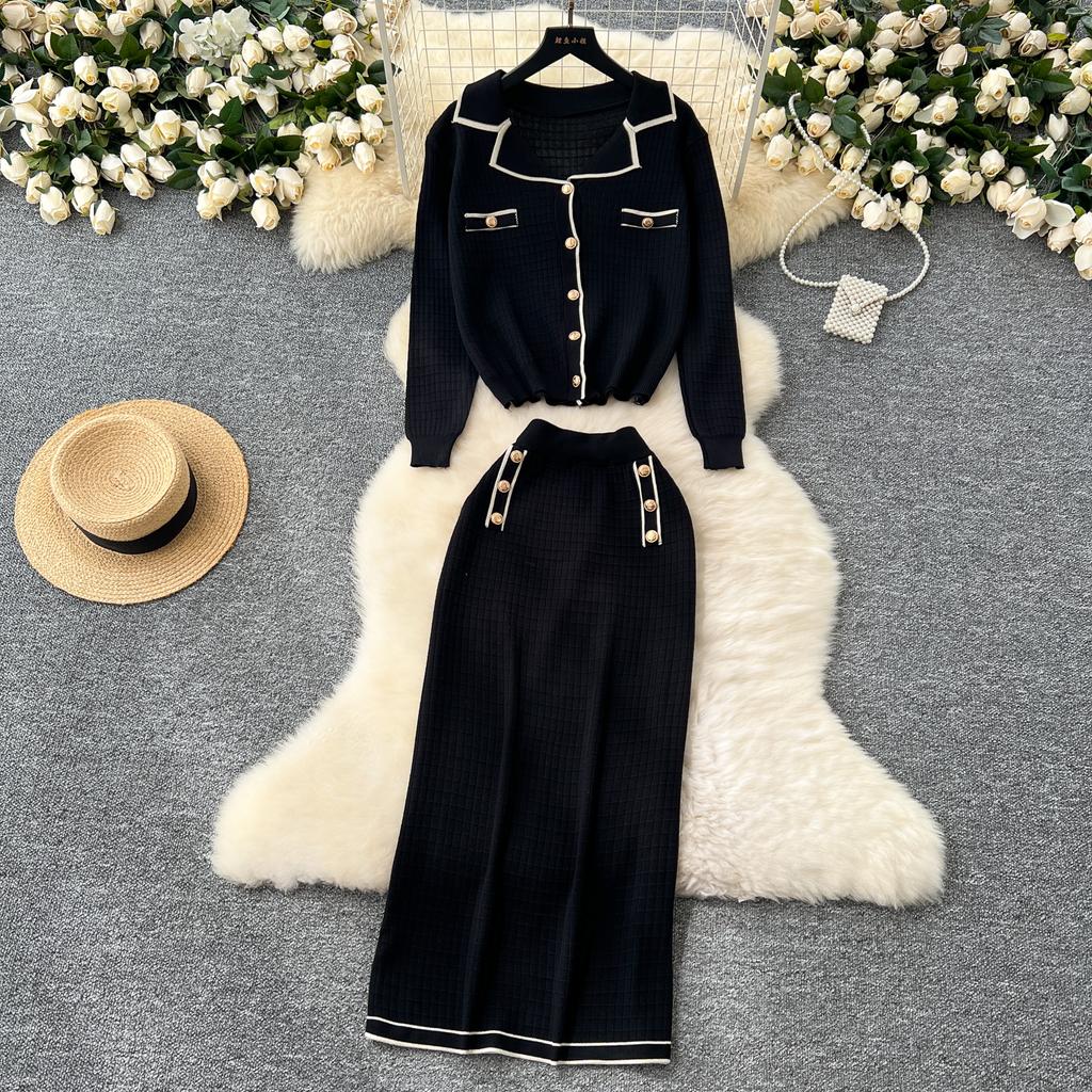 Simple Luxury Premium Solid Color Set Autumn/Winter Knitted Set Women's Polo Loose Shirt Coat+High Waist Skirt Two Piece Sets