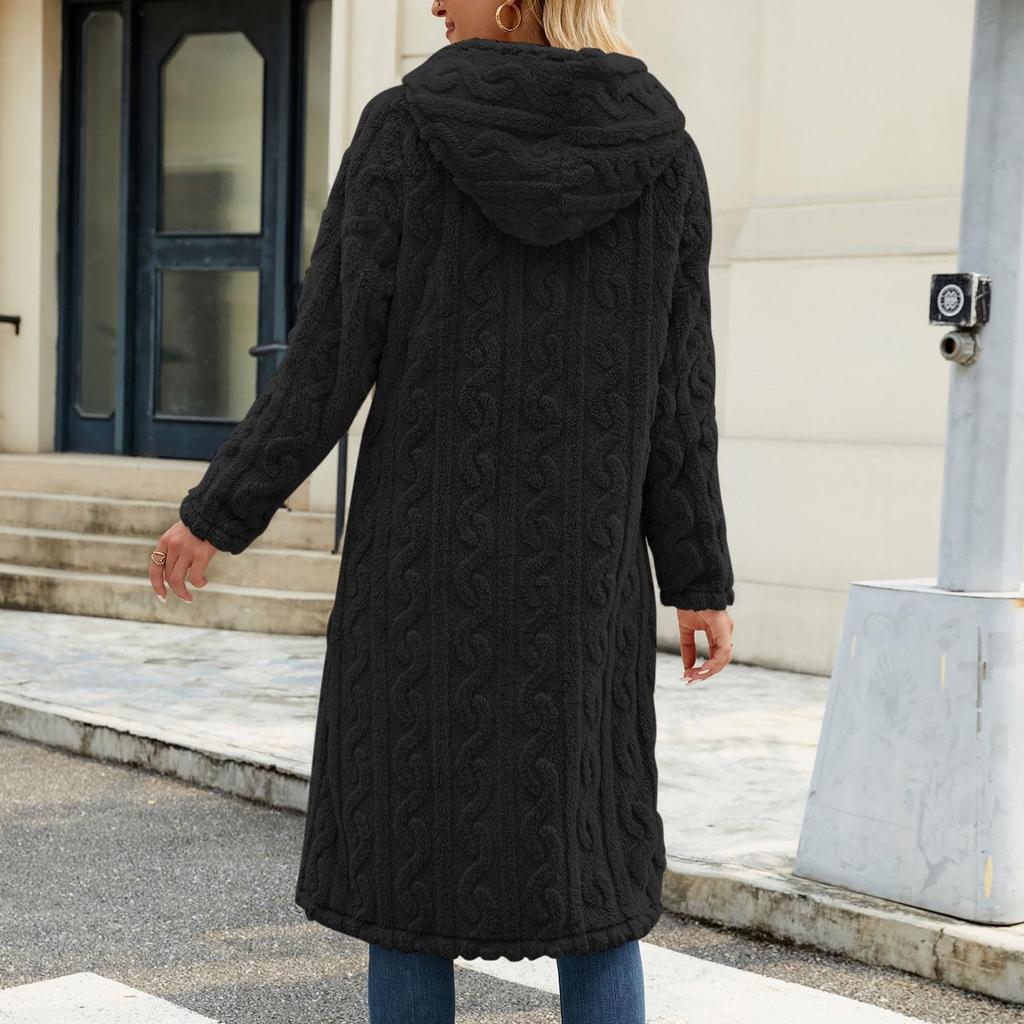 Женская повседневная модная однотонная плюшевая длинная свободная куртка с капюшоном на пуговицах