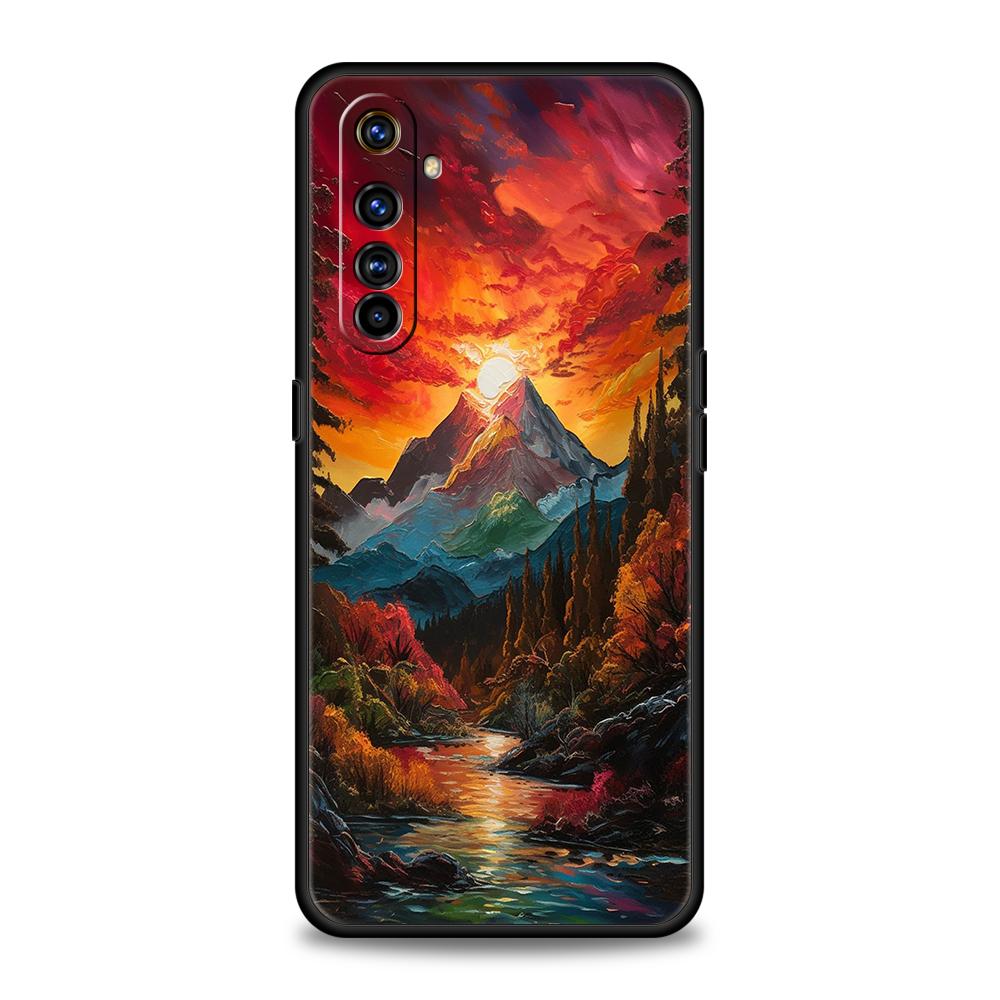 Мягкий ТПУ Для Realme 11 10 9 Pro Plus GT2 GT3 GT5 C21 C25 C35 C53 C55 C67 Pro 5G Ударопрочный Чехол для Телефона Розовый Закат Гора Capas