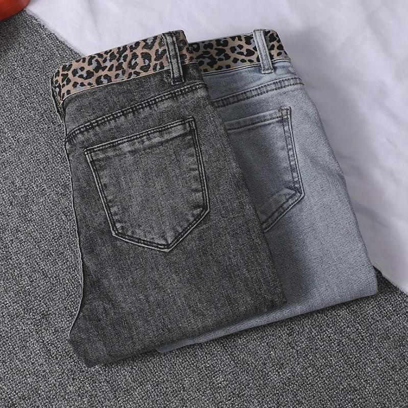 Новые женские узкие джинсы дымчато-серого цвета с высокой талией и эластичной строчкой с леопардовым принтом