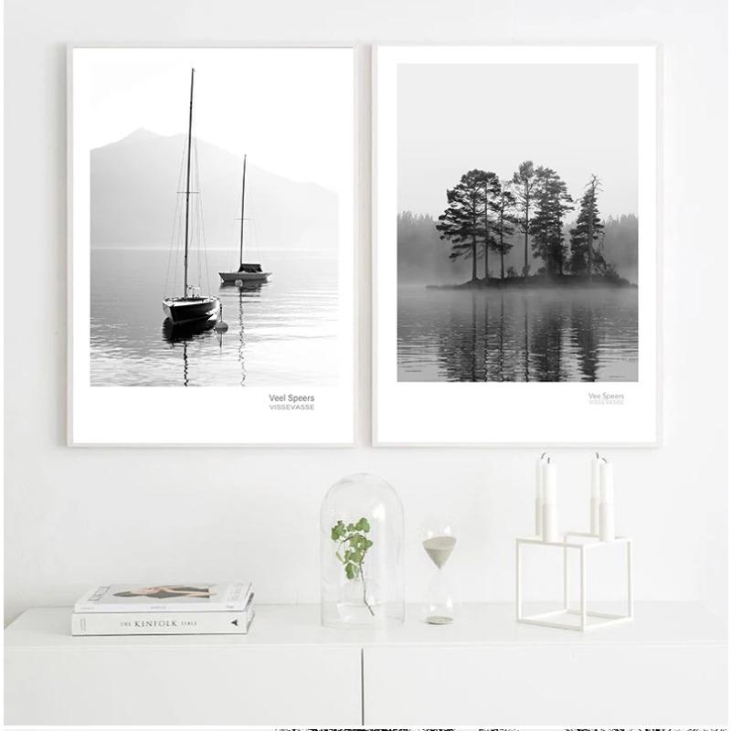 Scandinavian Landscape Canvas Nordic Style Lake Boat Forest Nature Wall Art Print Painting Decoration Pictures Home Decor