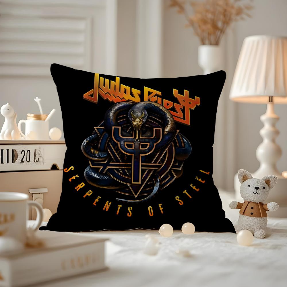 J-Judas-Priest Music Cushion Cover Anti-dustmite Pillowcase Invisible Zipper Silky Short Plush Sofa Cushion Cover
