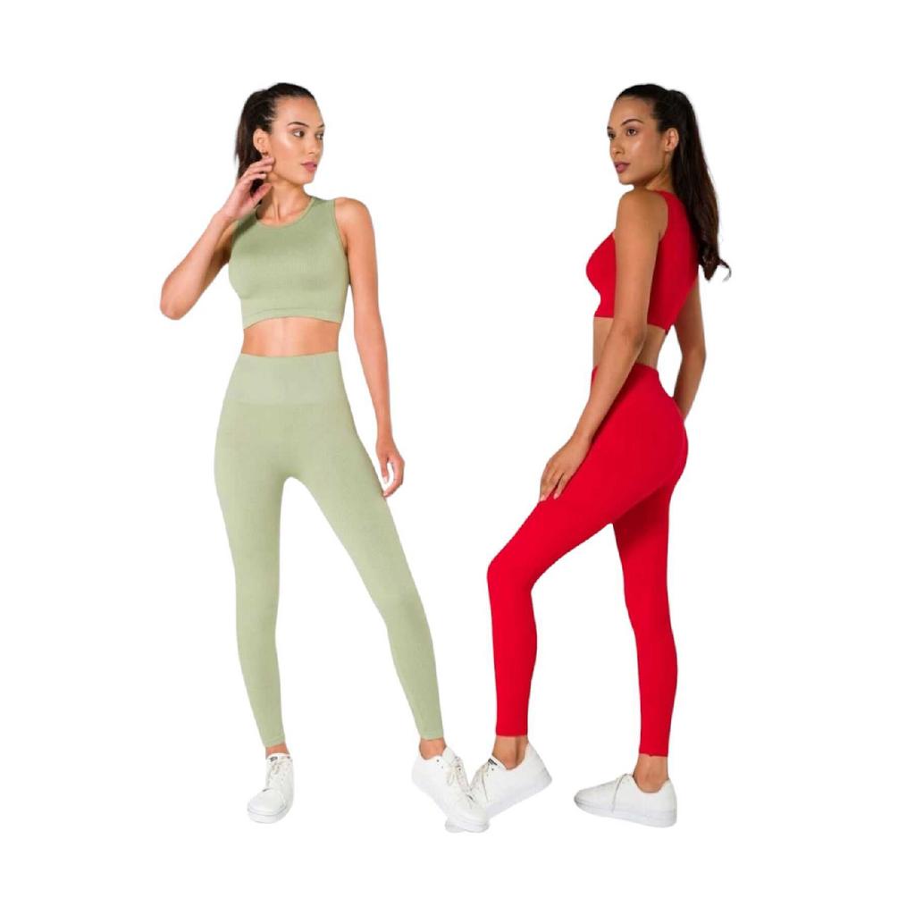 Women's Athlete Fitness Yoga Plates High Waist Tights-crop Ribbed Set 2 Pieces