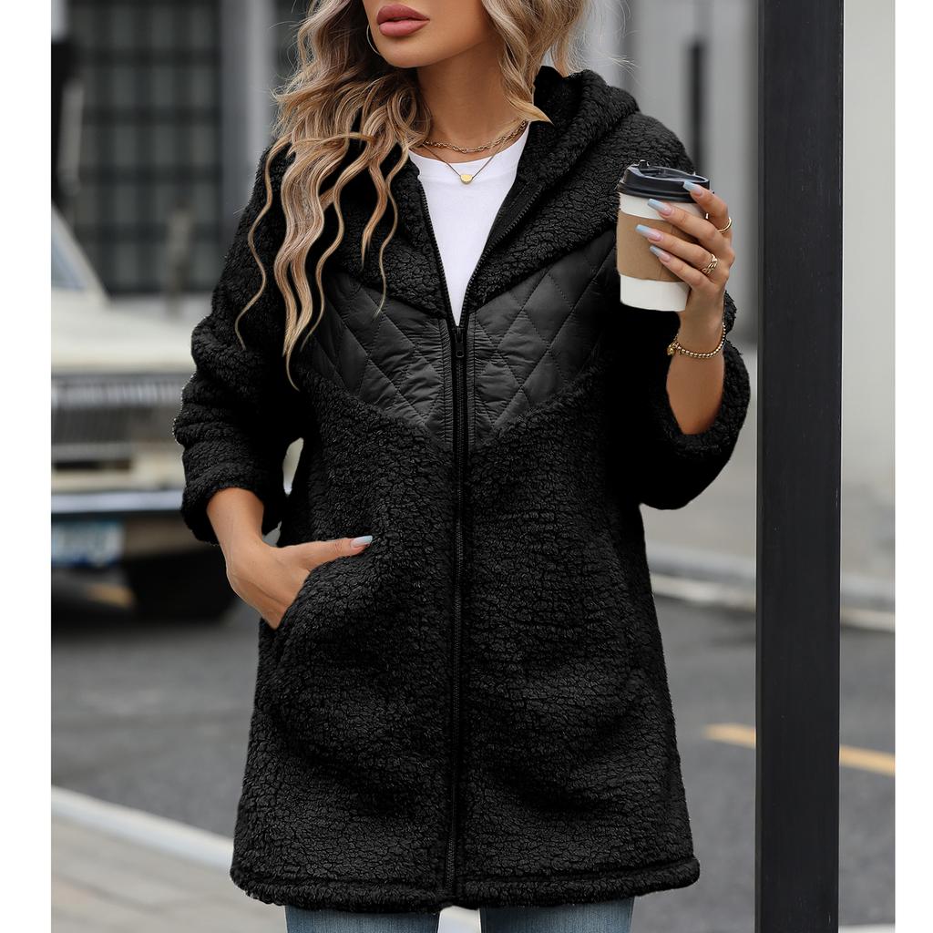 Женская свободная куртка с капюшоном из толстого плюша на молнии в стиле пэчворк на осень и зиму