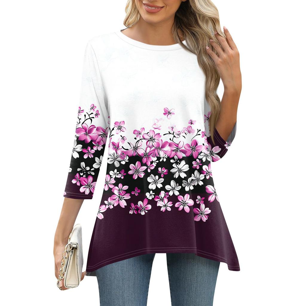3/4 рукав туника топы для женщин принтованный повседневный выходной свободный крой модная базовая футболка с круглым вырезом