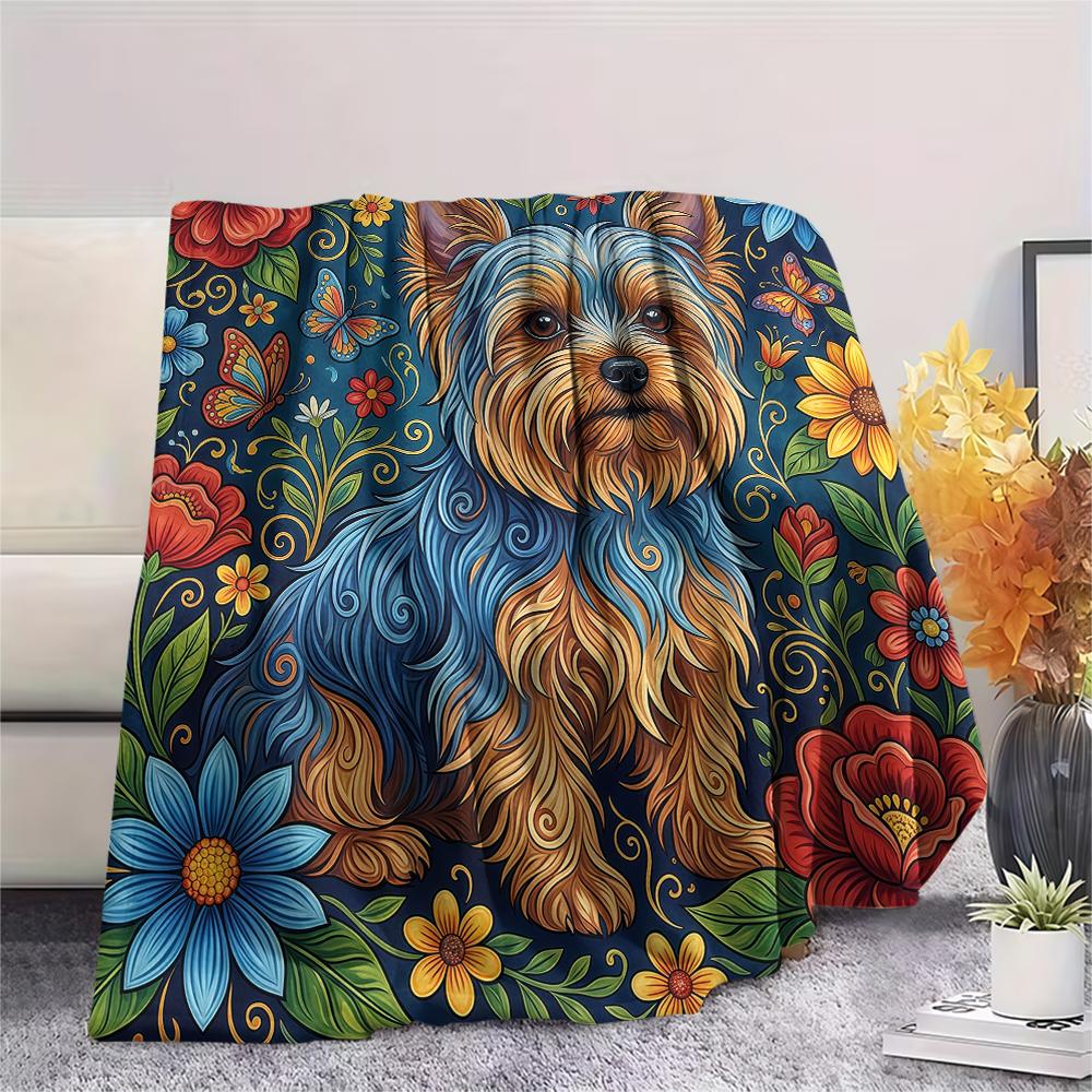Sunflower flowers and puppies Print Flannel Blanket,High quality Comfortable for All Seasons,Home Decor,Warmth and Comfort,Perfect for Christmas Gifts