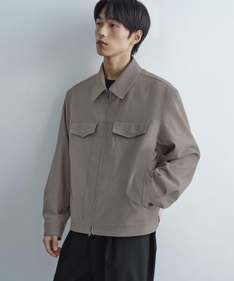 Whipcord Minimal Zip-Up Trucker Jacket [Grayish Beige]