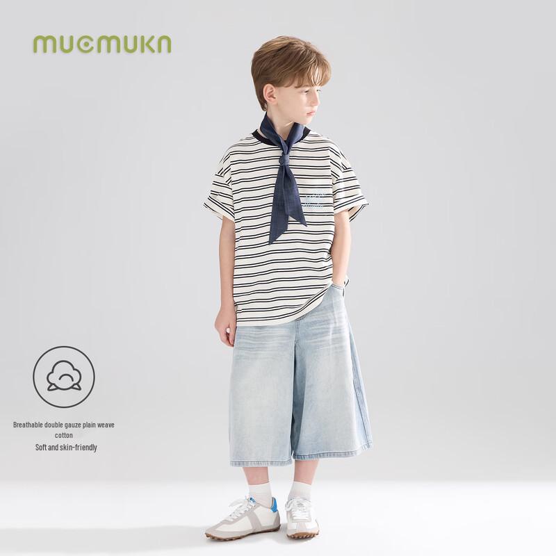 Полосатая футболка унисекс для детей из смесовой хлопковой ткани Mucmukn