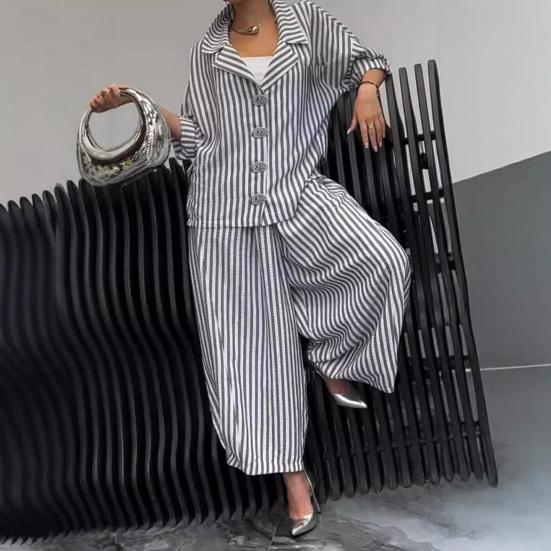 Women's Casual Suit Long-Sleeved Shirt Top Wide-Leg Harem Pant 2-piece Set Autumn Lapel Striped Nine-Point Pant Female Outfit Suit