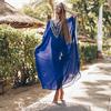 Bikini Cover-ups Blue Bohemian Embroidered Lace Up V-neck Bats Sleeve Loose Women Summer Beach Dress Swim Suit Cover Up