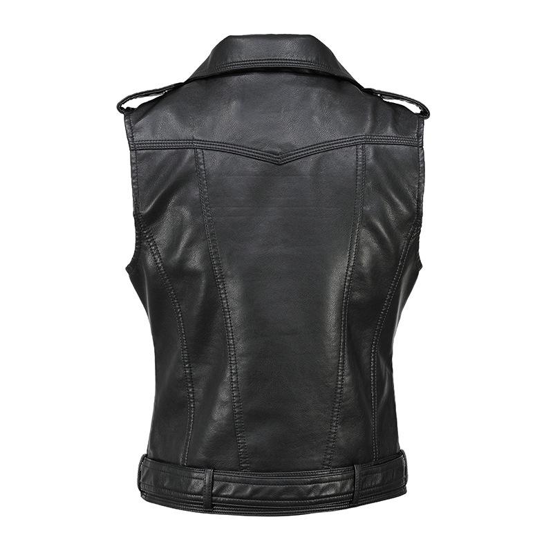 Women's Slim Fit PU Leather Motorcycle Vest with Belt and Zipper