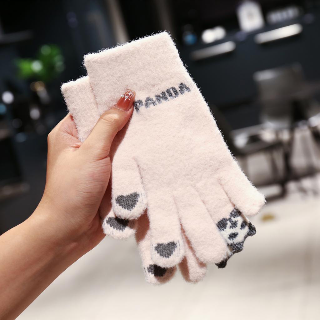 Autumn and Winter Korean Five Finger Gloves Knitted Gloves Touch Screen Gloves Student Thick Cartoon Panda Cute Gloves