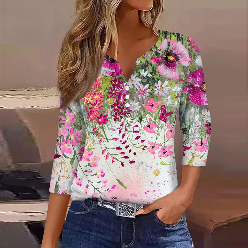 Жен. Футболка Футболка С принтом Пуговицы Рукав 3/4 Повседневные Выходные Мода Классический Классический V-образный вырез Обычный Верх