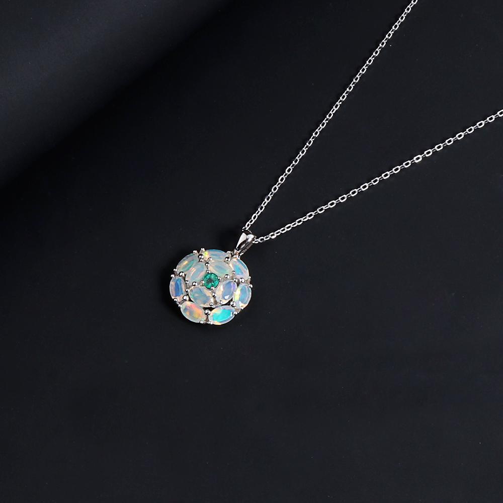 Colorful Natural Opal Gemstone with Green Emerald Pendant Necklace Fine Jewelry 925 Sterling Silver Gift for Women