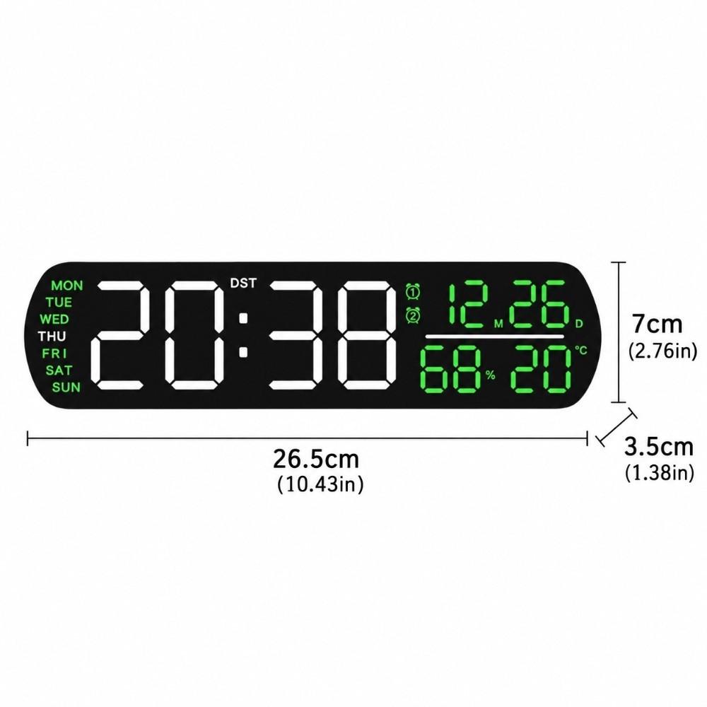 Black Shell Green Digital Alarm Clock 26.5x3.5x7cm Table Clock Compact LED Desk Clock For Bedroom
