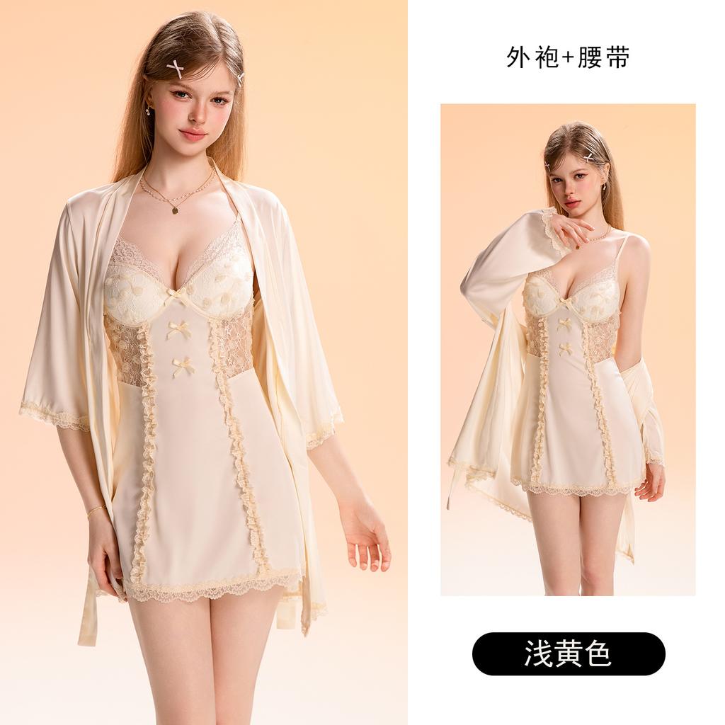 Women's Satin 3D Floral Lace Sheer Padded Sleep Dress with Robe Lounge Set