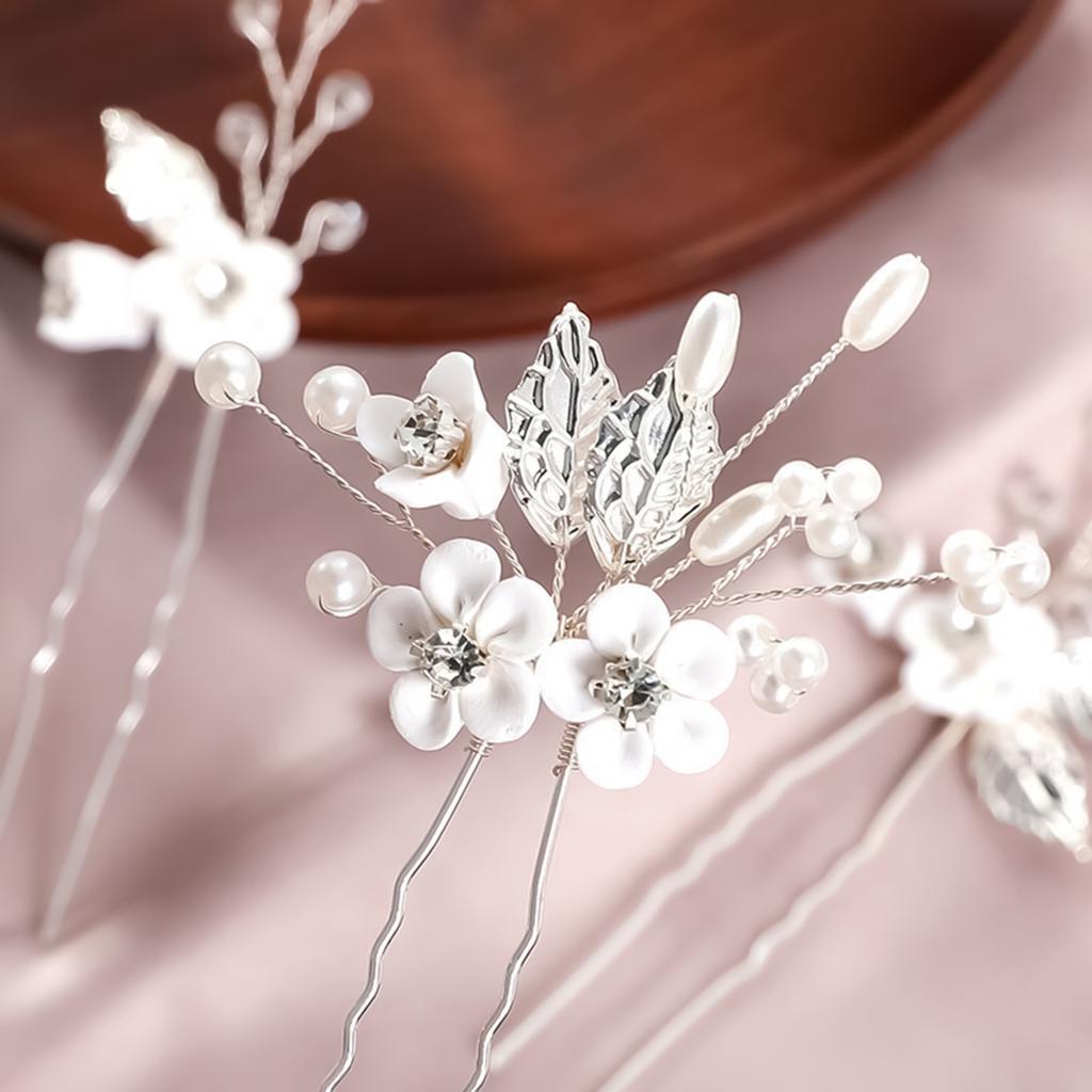 Women Hairpin with Pearl Clay Flower Leaf Hair Accessories Set Lightweight Comfortable Elegant Design For Weddings Parties