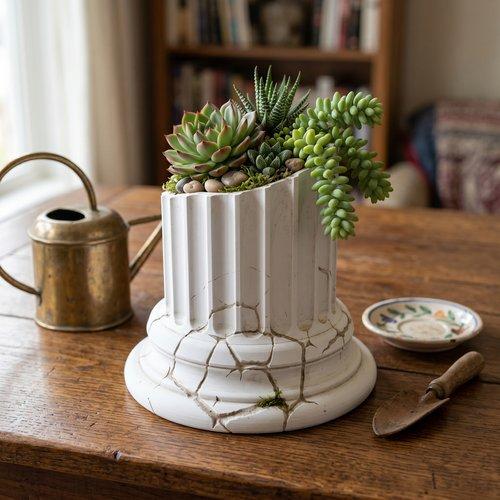 A white designer flowerpot in the shape of a Greek column for plants