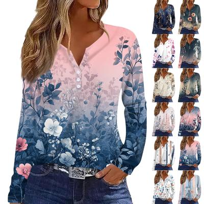 Жен. Футболка Футболка С принтом Пуговицы Длинный рукав Повседневные Выходные Мода Классический V-образный вырез Обычный Верх