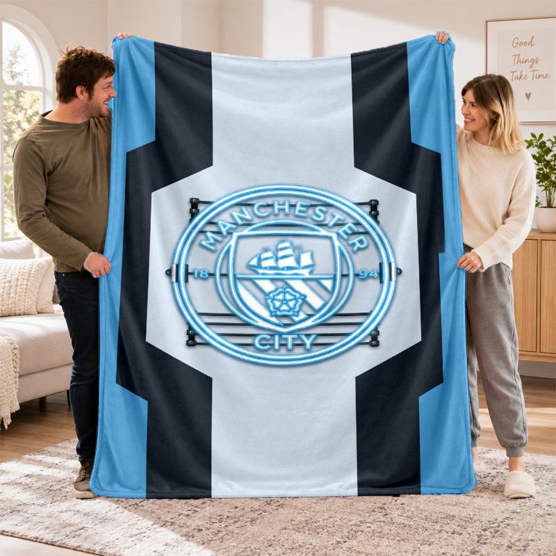 Flannel Fleece Blanket with Manchester City Design, Soft Lightweight Throw for Bed Sofa Travel