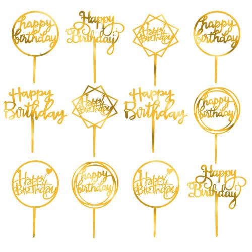 Paready 12-Piece Cake Topper Set, Birthday Cake Decorations, Cake Insert Card, Happy Birthday, Decorations (Gold)