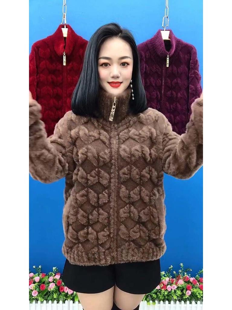 Plus Size Stylish Long-Sleeve Faux Mink Velvet Coat for Middle-Aged and Elderly Women