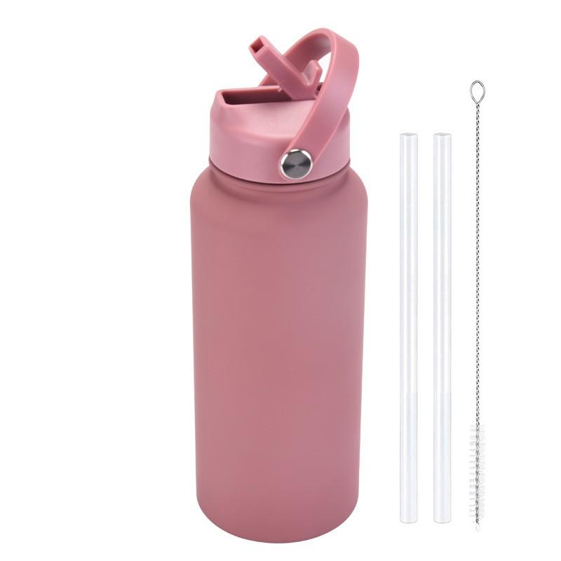 1L Stainless Steel Vacuum Insulated Water Bottle With Handle Straw Lid Outdoor Sports Travel