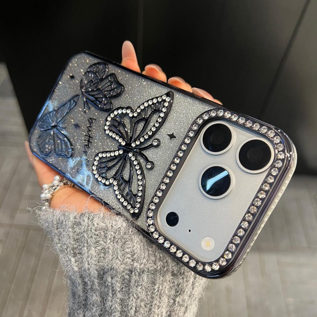iPhone 17 Pro Max Позорированный Стразами 3D Бабочка Блестящий Противоударный Чехол