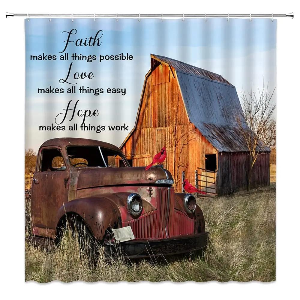 Rustic Shower Curtain Old Wooden Barn with Rusted Tractor Hillside Wooden Fence and Trees Cloth Fabric Bathroom Decor with Hooks