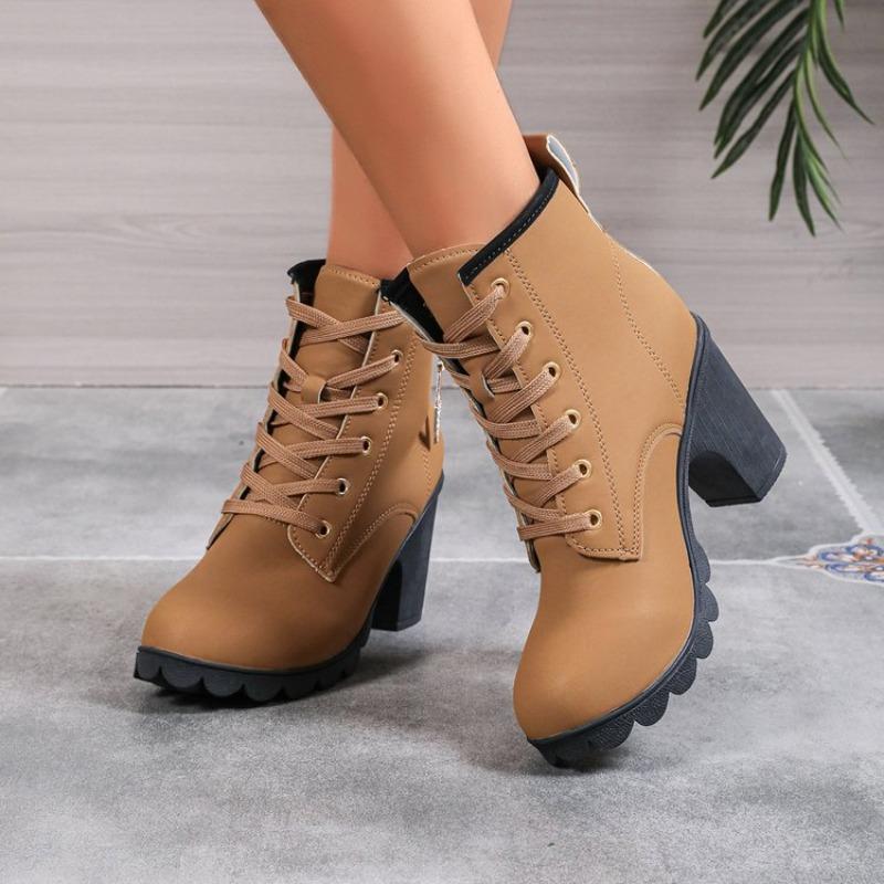 Fashion Fall New Block Heel Single Boots Women's Fashion Round Toe Metal Buckle Front Lace-Up Platform Non-Slip Short Boots
