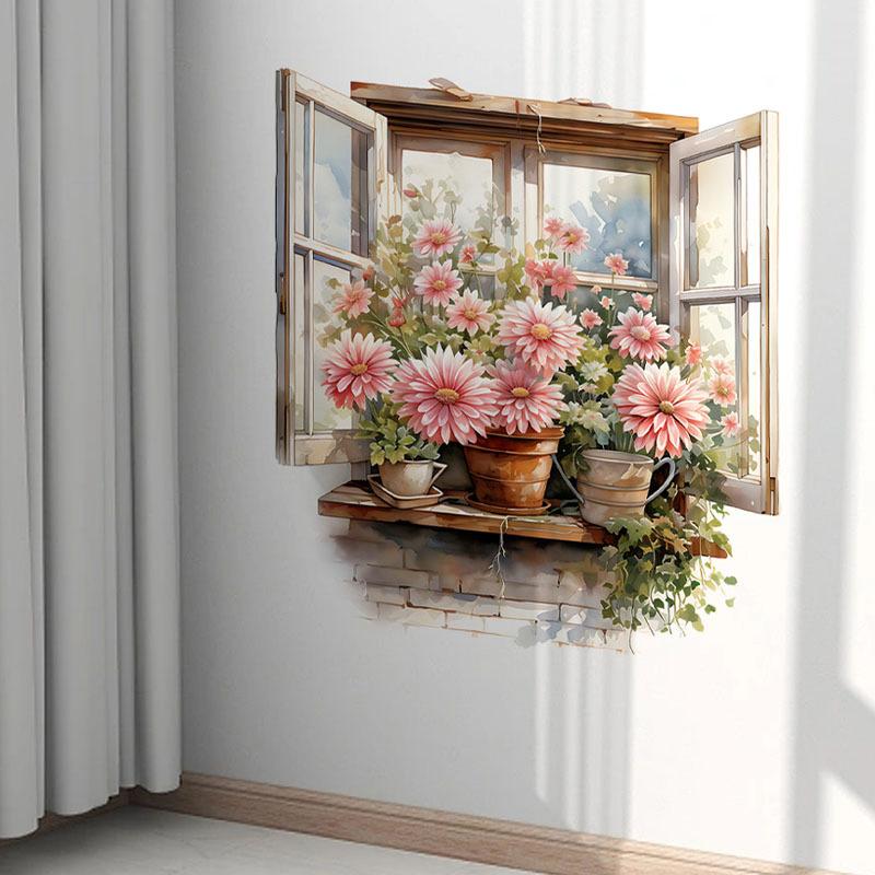 Романтичные цветы на окнах Наклейка на стену Гостиная Стена Коридор Фон Домашнее украшение Настенное искусство Самоклеящиеся водонепроницаемые