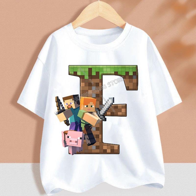 Hot Pixel Game T-shirt Children A-Z Letter White Clothes Cartoon Round Collar Clothing New Kids Short Sleeve Summer Tee Top Gift