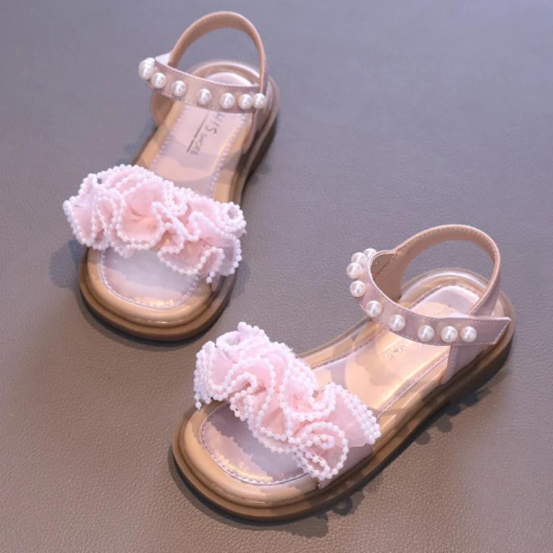 Сандалии для маленьких девочек Милые элегантные детские летние сандалии принцессы на плоской подошве Модные универсальные детские повседневные босоножки с открытым носком, отделанные бисером