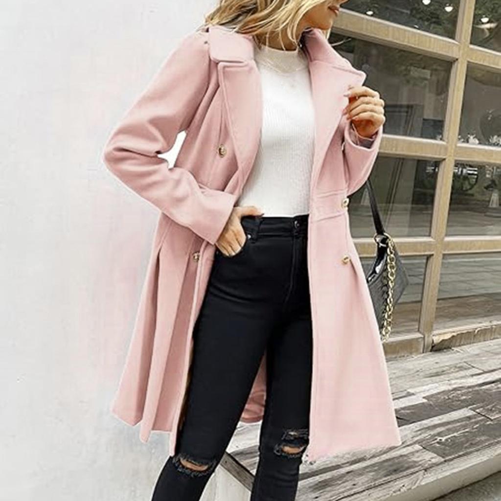 Women's Long Woolen Coat With Double Breasted Buttons